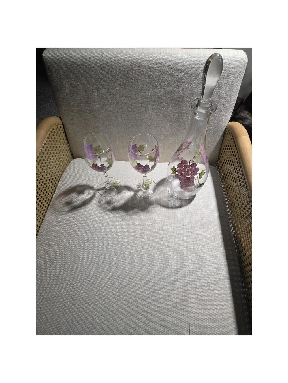 Home Essentials Vintage Hand Painted Wine Decanter Set 2 Glasses Purple Grapes